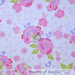 BonEful Fabric FQ Cotton Flannel Quilt White Pink Aqua Blue LOVE Bird House Cage