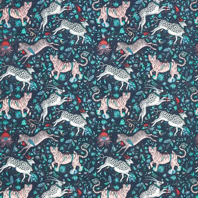 Clarke & Clarke Whimsical Animal Velvet Fabric- Protea Velvet / Navy 1.75 yds