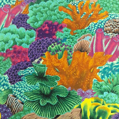 3 YD Vintage Cotton Fabric Psychedelic Groovy Tropical Reef Bright Colorful