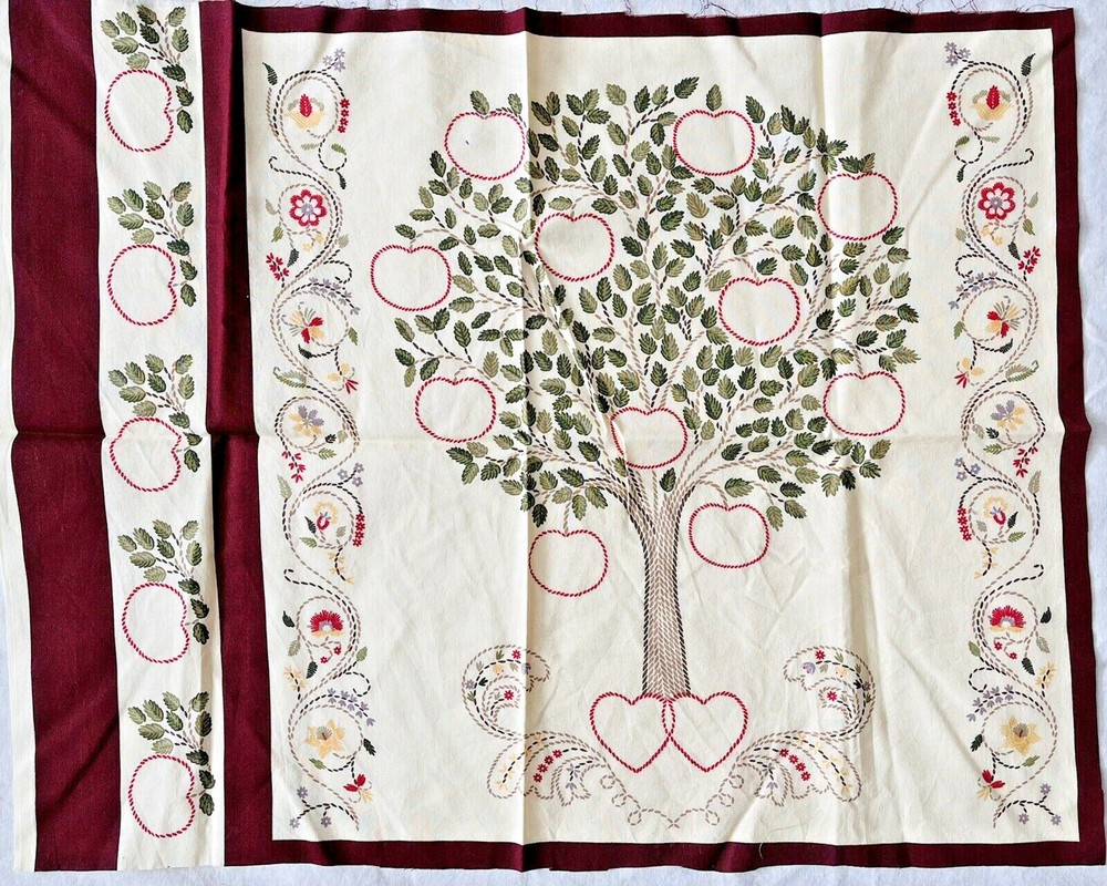 Anniversary Wall Art Fabric Panel to Embroider Tree with Apples & Hearts 17″
