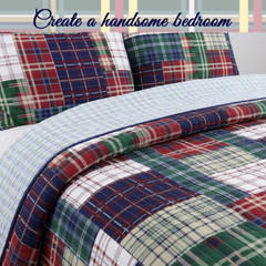 Navy Blue Green Red Plaid 100% Cotton Quilt Bedding Set, Reversible Coverlet, Be