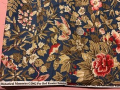TWO YDS HISTORICAL MEMORIES 2002 RED ROOSTER FABRIC BLUE, PINK BIRDS, FLORAL