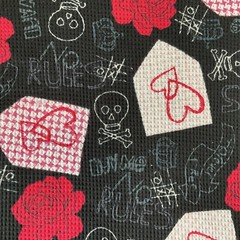 Black With Skulls And Red Roses Hearts Waffle Weave Double Knit 61” Wide x 4 Yds