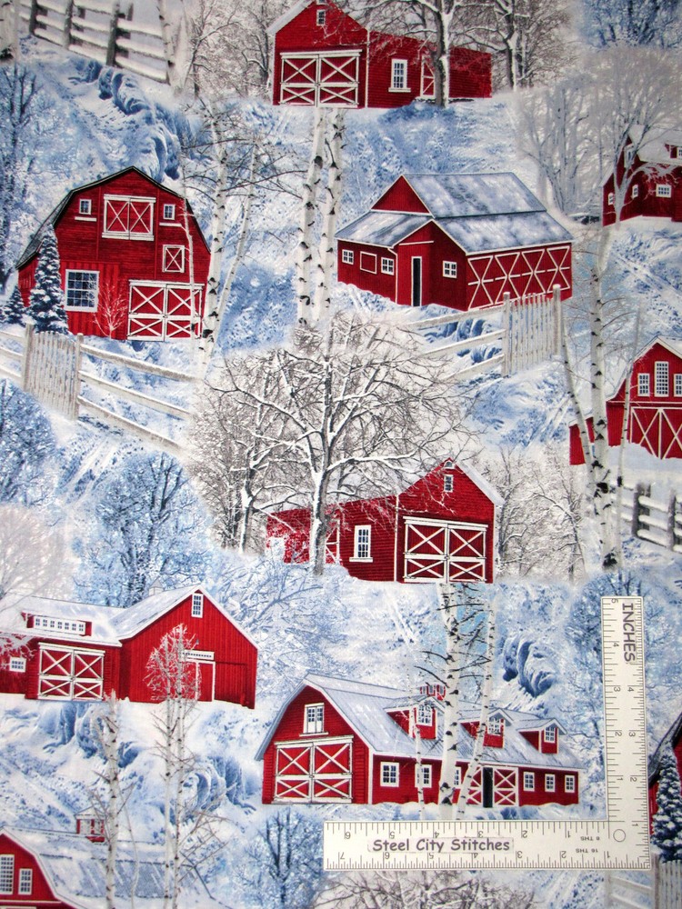 Christmas Red Barns Snow Trees Cotton Fabric Timeless Treasures C7869 By Yard
