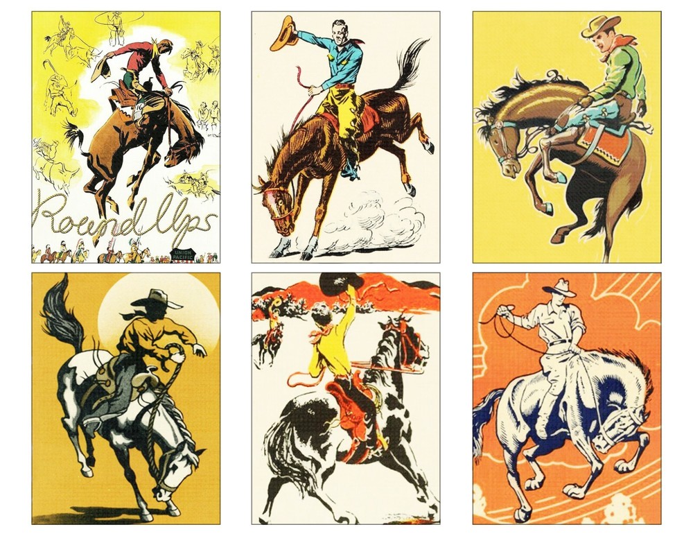 Set of 6 Vintage Retro Cowboy Western Nursery Horses Cotton FABRIC Images