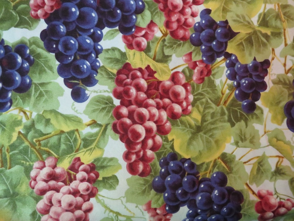 2 Yards 19 Inches Grapes Red And Purple On Vine, 100% Cotton Fabric 44 Inches