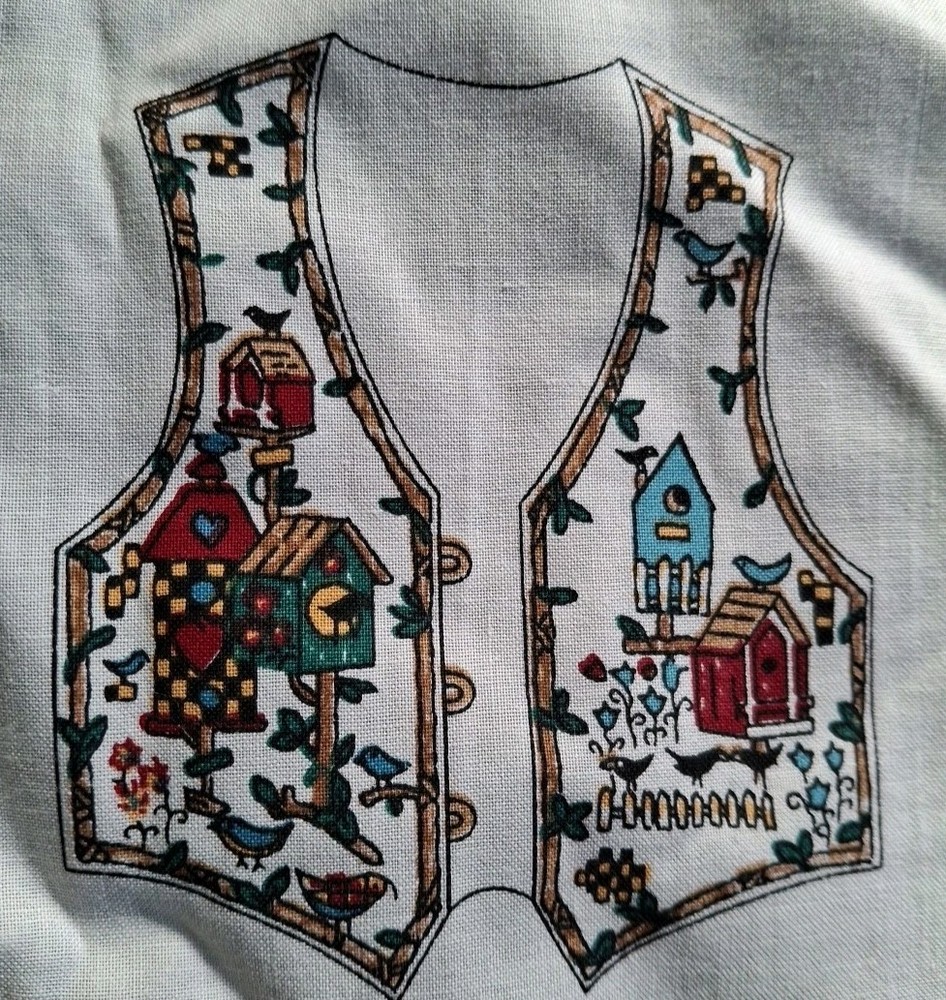 Cut & Sew Birdhouse Americana Vest Panel Folk Art Applique Bird House One Size