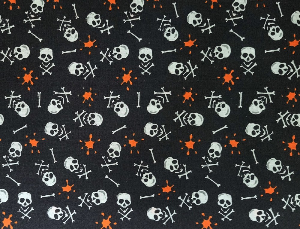 Skull & Cross Bones Halloween Fabric YARD Black White Orange