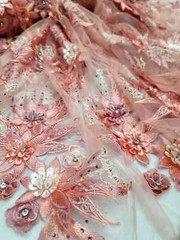 “Coral 3D Floral Embroidered Lace Fabric with Rhinestones and Beads – Sold by th