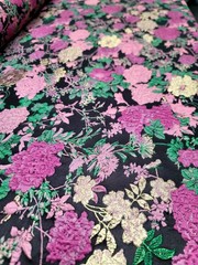 FUCHSIA PINK GOLD Floral Brocade Fabric Sold By The Yard Green Leaves For Dress