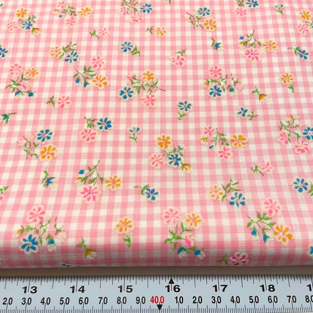 Vintage Neon Flocked Florals on Pink Gingham Semi Sheer Fabric by the Half Yard