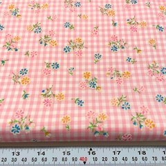 Vintage Neon Flocked Florals on Pink Gingham Semi Sheer Fabric by the Half Yard
