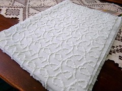 Light Green Vtg Chenille Bedspread Fabric, Texturized Curly Loops 18×24″ Piece