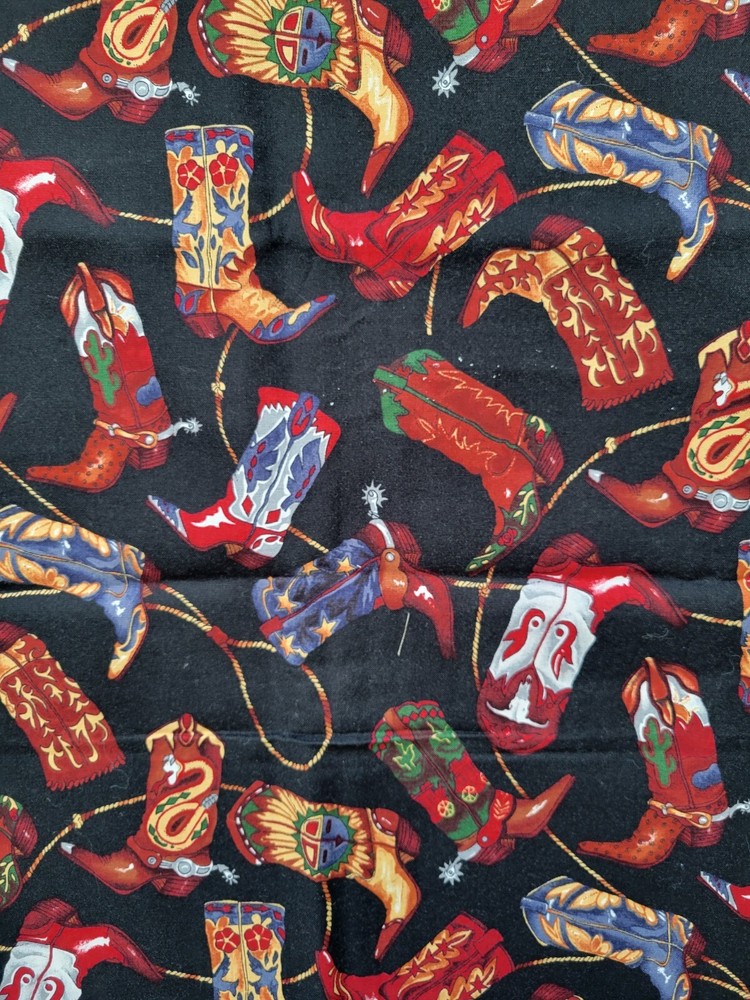 Alexander Henry Well-Heeled Colorful Cowboy Boots & Ropes on Black Fabric 51″