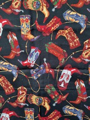 Alexander Henry Well-Heeled Colorful Cowboy Boots & Ropes on Black Fabric 51″