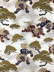 Japanese foo dog fabric, metallic lion fu dog, ivory gold, oriental chinese