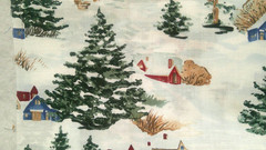 Fabric Red Rooster “First Snowfall” Green Trees and Outbuildings in Snow $5.00