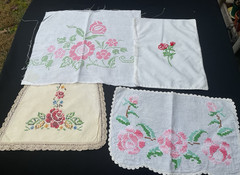 Vintage Handstitched Roses Fabric Scraps Lot Doily Slow Stitch Junk Journal – 4