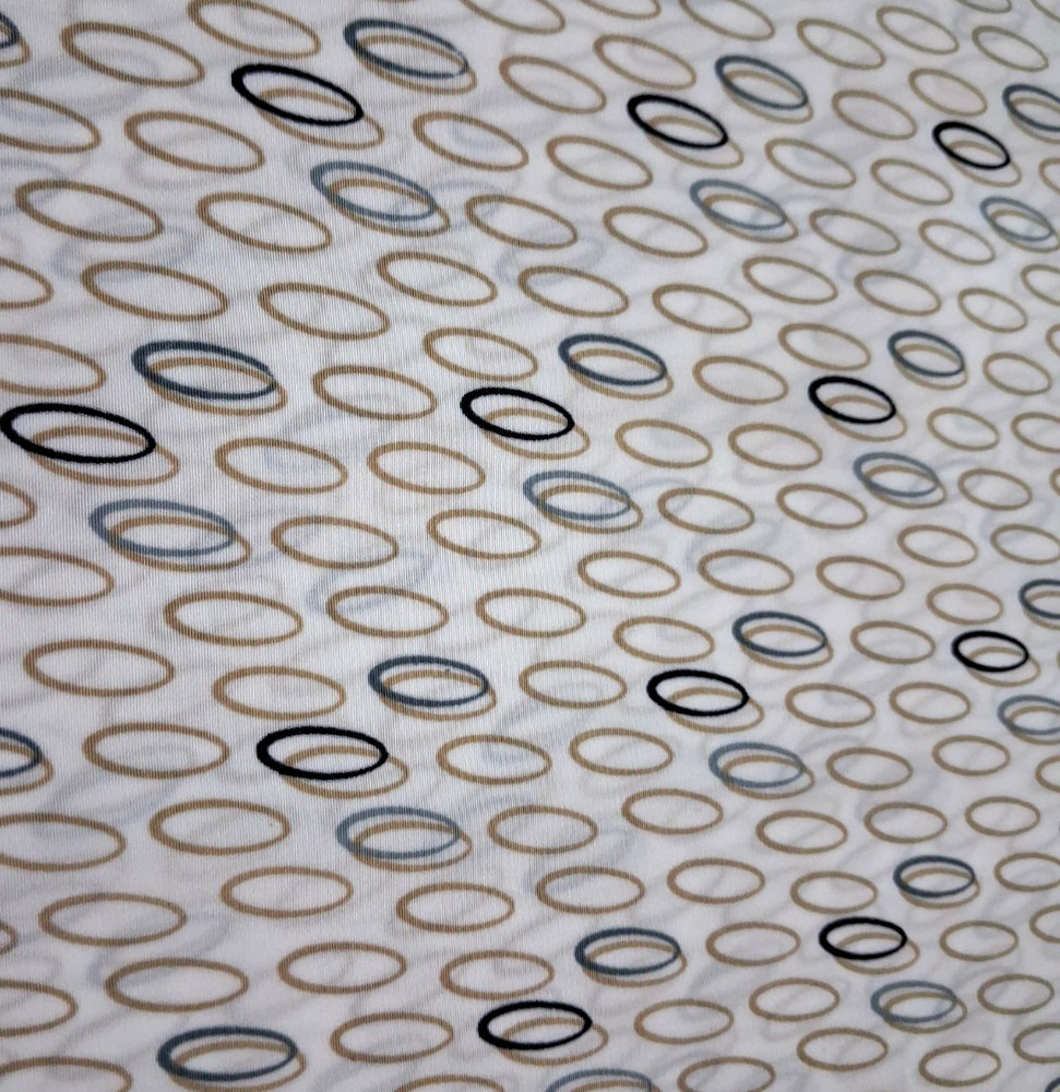 3 3/4 ydx 45″ w Polyester Crepe Fabric White w/Tan Black Gray Circles NO STRETCH