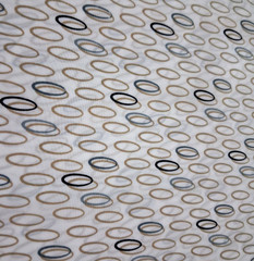 3 3/4 ydx 45″ w Polyester Crepe Fabric White w/Tan Black Gray Circles NO STRETCH