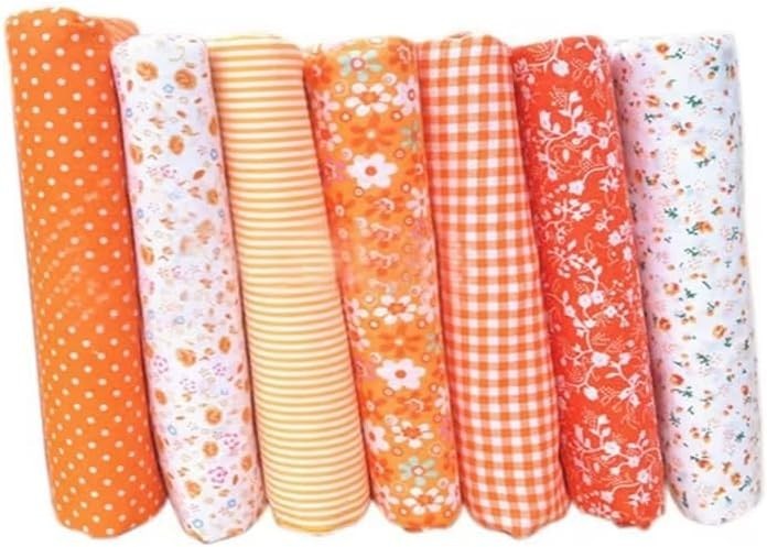 7pcs 10″ x 10″ Dark Orange Floral Dot Cotton Fabric Bundle for Creative Crafts