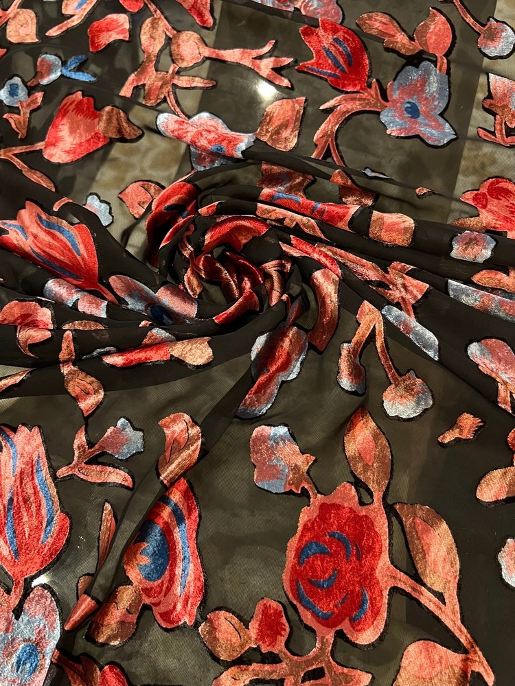 Italian designer Chiffon Velvet Burnout black base with red blue peach shades