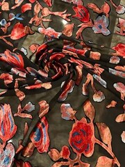 Italian designer Chiffon Velvet Burnout black base with red blue peach shades