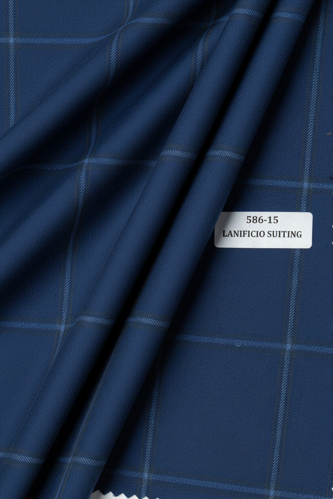 Blue Windowpane Checked Suiting Fabric Cashmere Wool