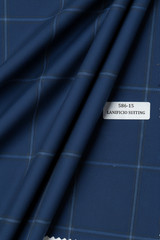Blue Windowpane Checked Suiting Fabric Cashmere Wool
