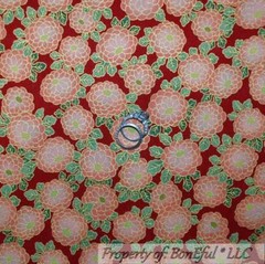 BonEful FABRIC FQ Cotton Quilt Red Green Gold Leaf Asian FLOWER Garden Victorian