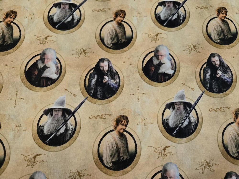 THE HOBBIT Characters in Circles Tan Digitally Printed Cotton By the HALF Yard