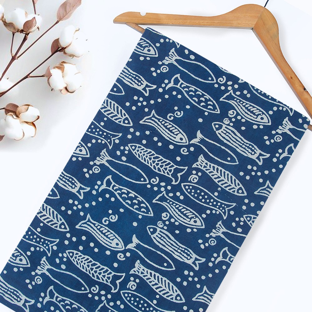 Indigo Fish Print Fabric Cotton Hand Block Summer Dressmaking Fabric By The Yard