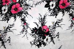 PINK WHITE AND BLACK FLORAL BOUQUET ON WHITE – 100% COTTON FABRIC