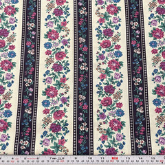 Vintage Cranston Striped Purple Florals Cream Navy Cotton by the HALF YARD