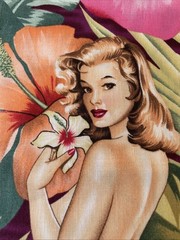Alexander Henry Fabric Yd Mirage Sexy Pinup Island Girls Hibiscus Palm Leaves P