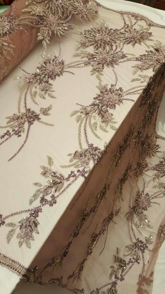 3d Mauve Bridal Lace Hand Beaded Floral Flowers Embroidered Sequin Beads on Mesh