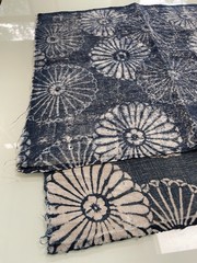 Vintage Japanese Handwoven Katazome Boro Indigo Fabric Chrysanthemum Faded 62″