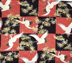 Japanese fabric cranes birds art deco black red gold heron stork asian chinese