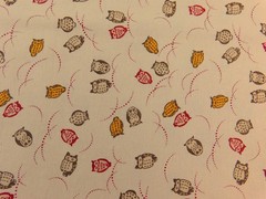 Sevenberry Made in Japan Red, Gray and Yellow Owls on Creamy Tan – Half yard
