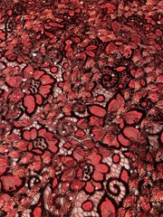 Red Black Rhinestone Beads Embroidery Lace fabric 50” Width 1 Yard