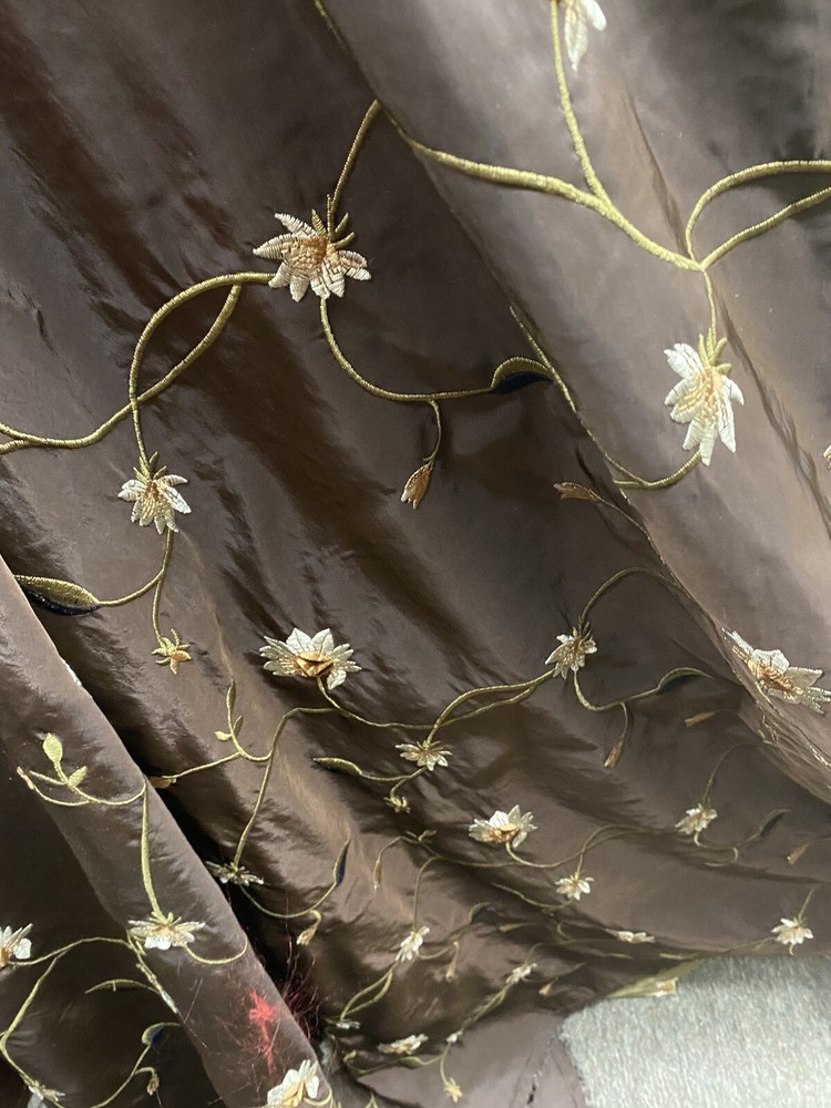 FAUX SILK FLOWERS EMBROIDERED~DRAPERY UPHOLSTERY Sold By The Yd- Chocolate Brown