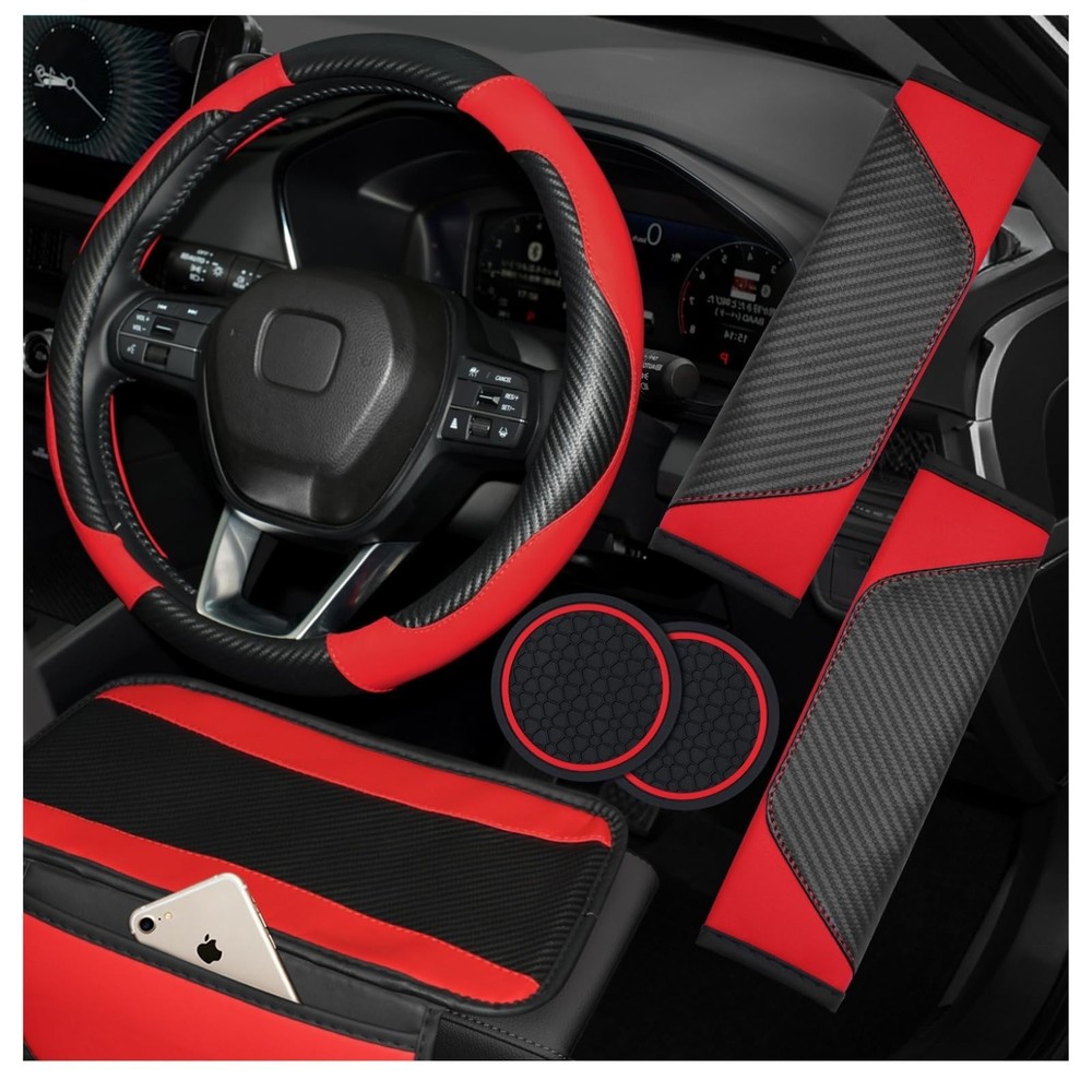 Hiseanllo 6PCS Red Car Accessories Set, Carbon Fiber Microfiber Leather Steer…