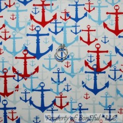 BonEful Fabric FQ Cotton Quilt White Red Blue America Sea ANCHOR US Holiday Boat