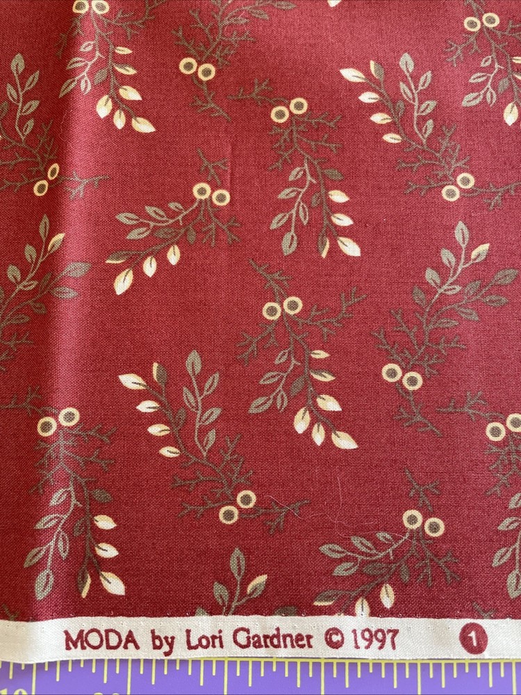 Vintage Fabric By Lori Gardner 1.5 yd x 44” Burgundy Red Leaf Print 1997