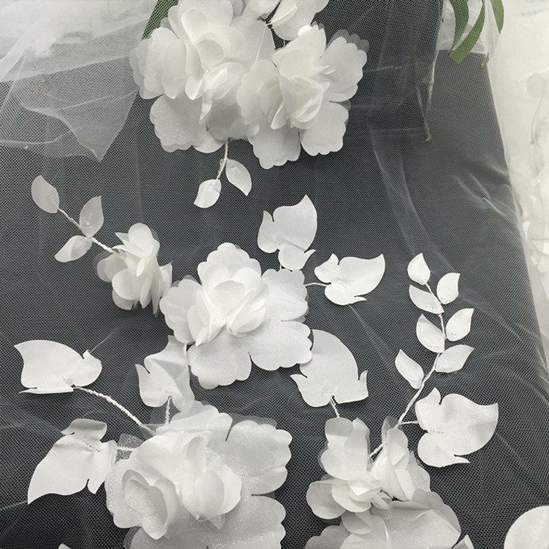 1 Yard 3D Flower Embroidered Lace Fabric Cloth DIY Wedding Bridal Dress 51″ Wide