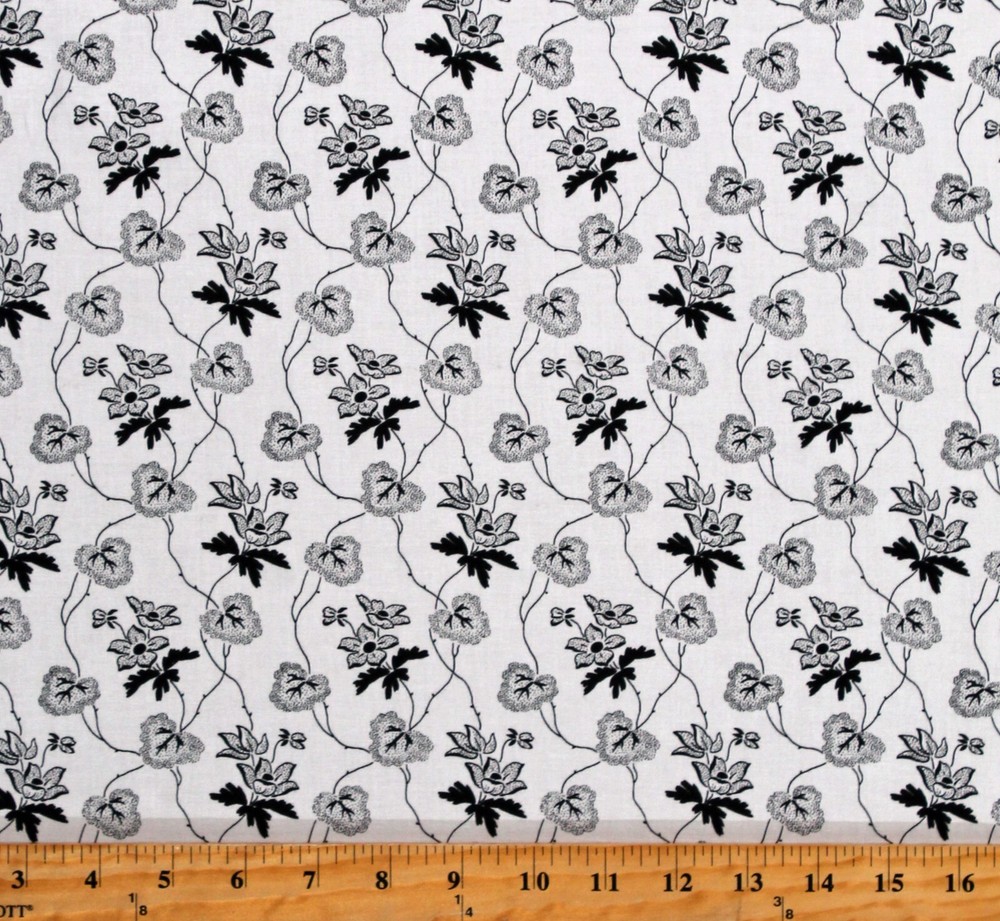 Cotton Black Trailing Vine White Civil War Scarlett Fabric Print by Yard D409.13