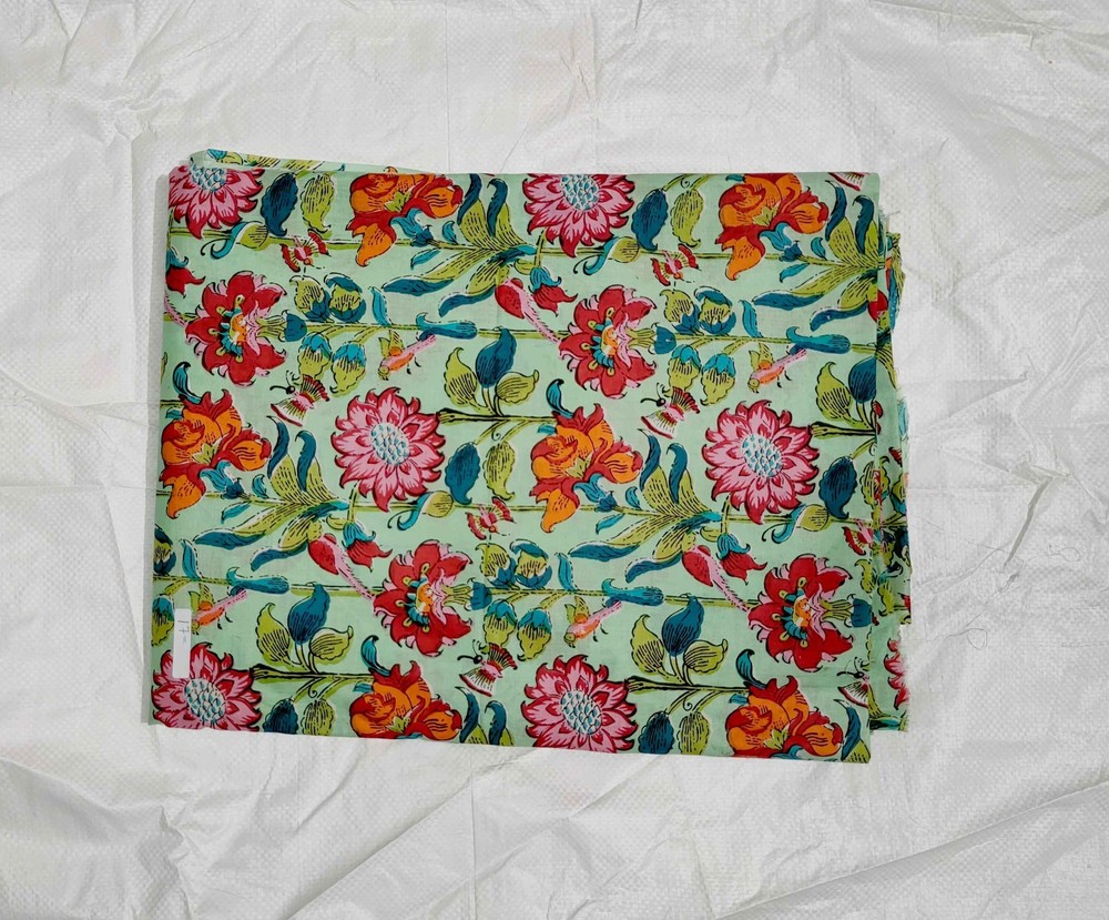 Indian Handmade Green Floral Printed Dressmaking, Sewing Running Fabric 10 Yards