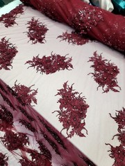 Burgundy Fashion Fabric By The Yard 3D Flowers Mesh 3d Lace Embroidery Floral