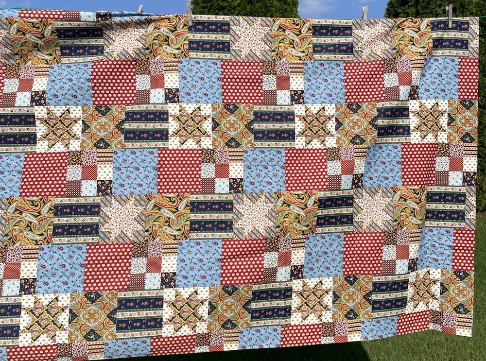 Quilt Print Cheater Fabric 3.72 Yards Boho Cottage French Country Blue 44 Inch
