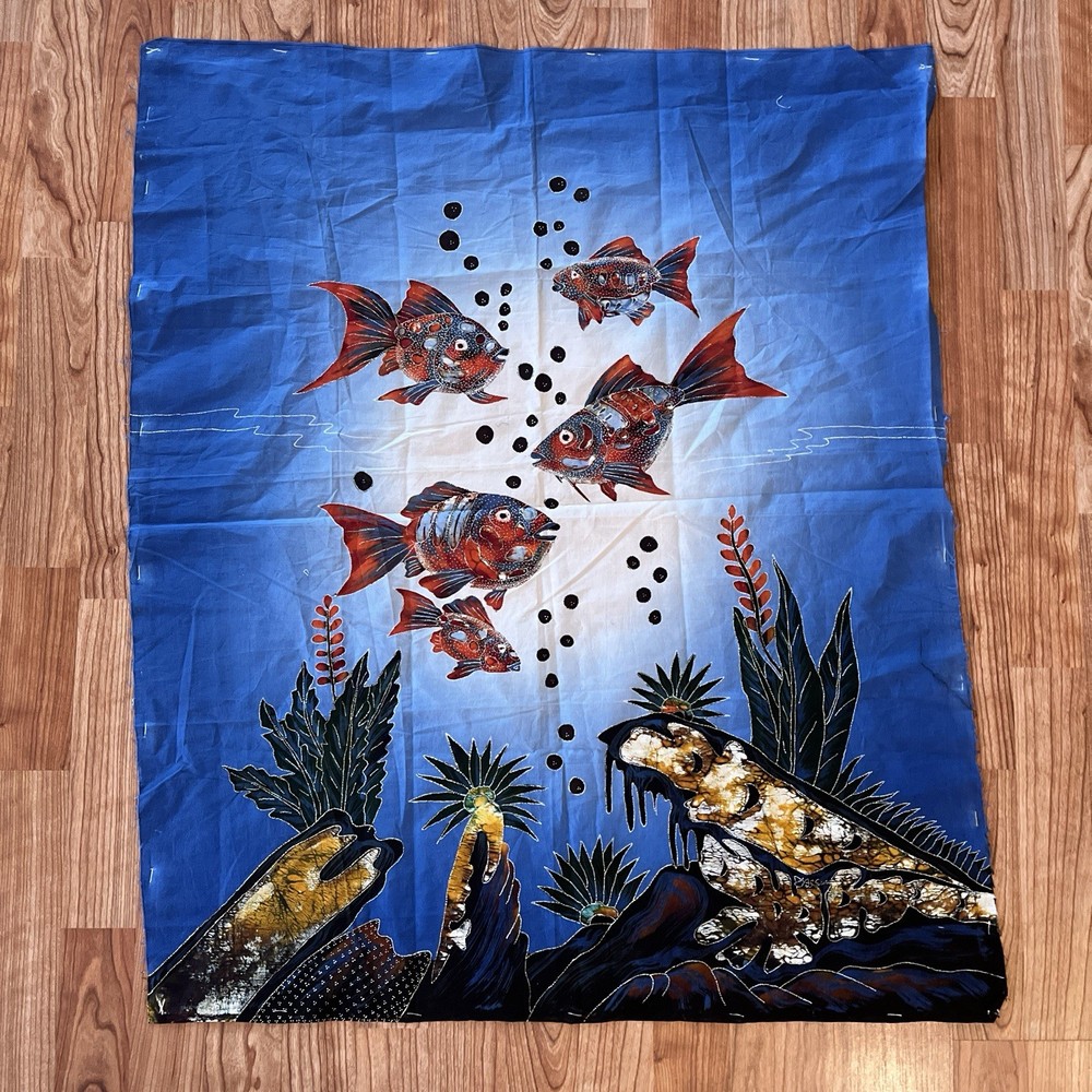Fish Swimming Bottom Ocean Rocks Seaweed Indonesian Batik Panel